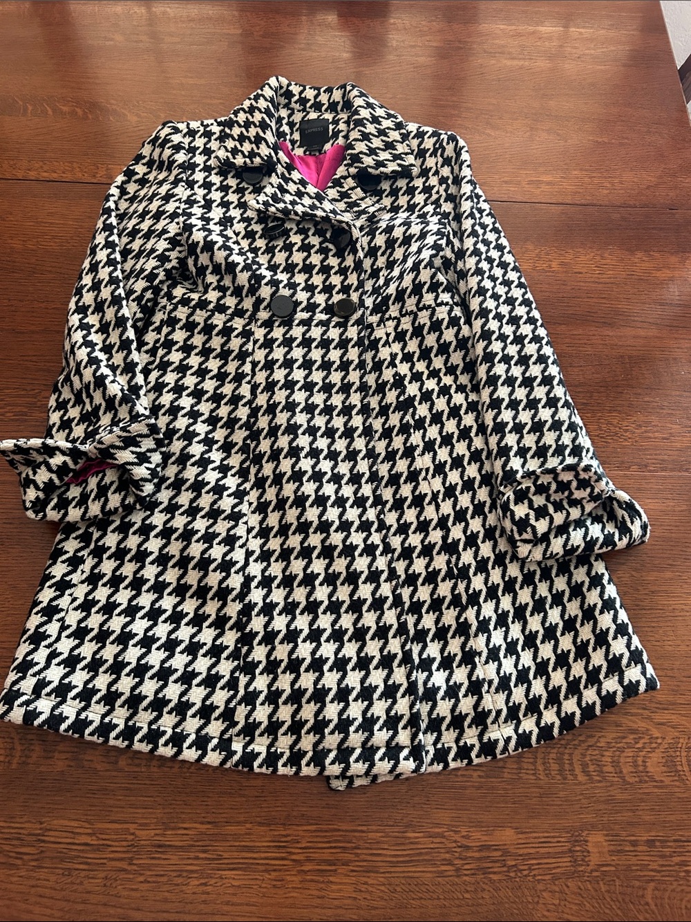 Express Black and White Houndstooth Double-Breasted Pea Coat